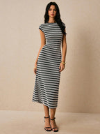 Striped Waist-Cinch Knitted Midi Dress