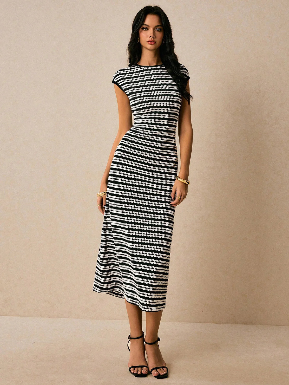 Striped Waist-Cinch Knitted Midi Dress