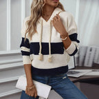 Colour-Block Striped Hooded Knit Sweater