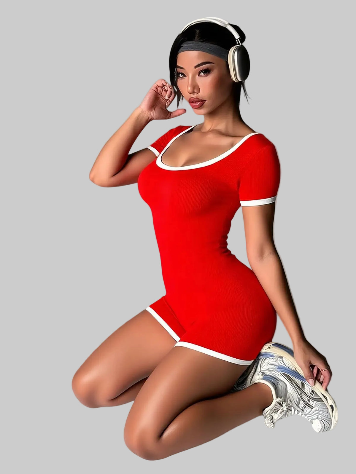 Ribbed Contrast Trim Workout Romper